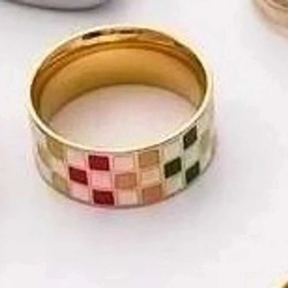 Colorful Checkered Band Titanium Ring‎ Gold Plated Statement Ring Size 6